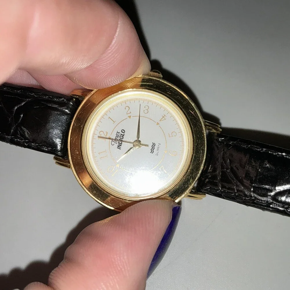 Timex Indiglo Womens Watch 31mm White Dial Gold Tone Black Leather New Battery
